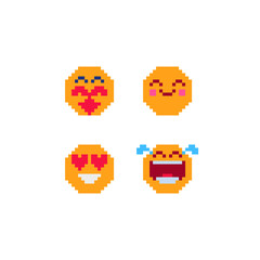 Smiley face, emoticon with various emotions cute faces, characters, pixel art style icons set. Colorful vector graphic illustrations isolated on white background.