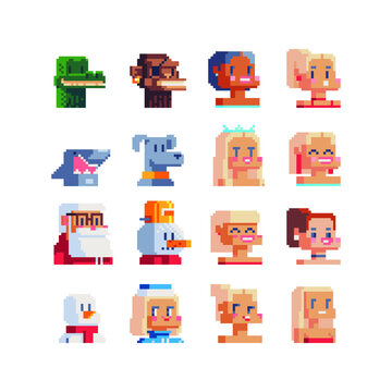 Pixel art avatar profile characters set. 80s video game sprites. Funny various people characters, girl and men. Male and female faces, user pic. Isolated vector illustration. 8-bit. Sticker design.