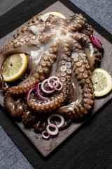 Seafood, whole raw big octopus on a stone dish served with lemon and red onion