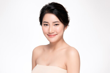 close up Beauty Woman face Portrait, Beautiful Young Asian Woman with Clean Fresh Healthy Skin, Facial treatment. Cosmetology, beauty and spa, on white background.