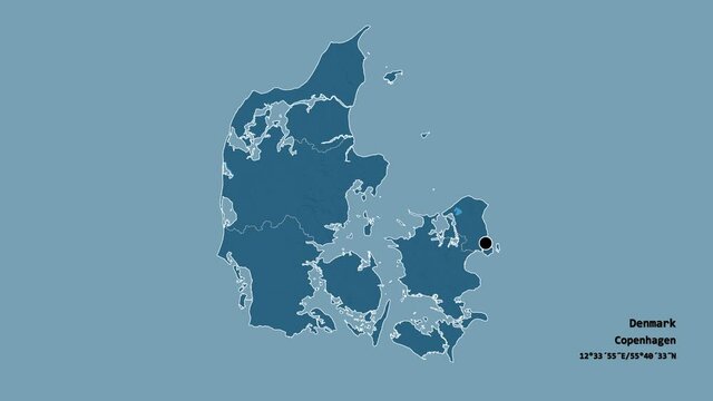 Syddanmark, region of Denmark, with its capital, localized, outlined and zoomed with informative overlays on a administrative map in the Stereographic projection. Animation 3D