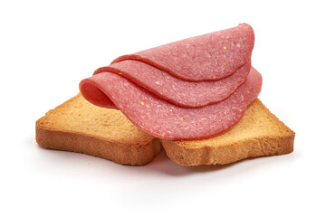 Salami sausage sandwich, isolated on white background