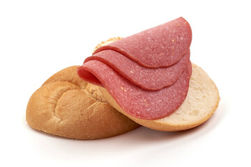Salami sausage sandwich, isolated on white background
