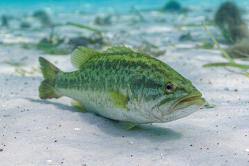 Naklejka premium A large Largemouth Bass rests on the sandy bottom of a central Florida spring. Three-quarter view.