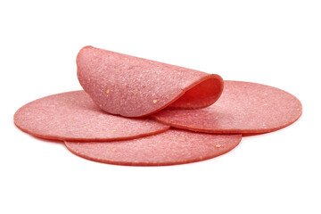 Salami smoked sausage slices, isolated on white background