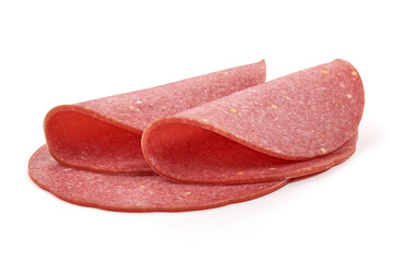 Salami smoked sausage slices, isolated on white background
