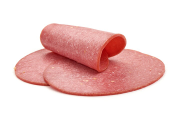 Salami sausage slices, isolated on white background