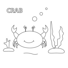 Black and white vector illustration for coloring book. Cartoon crab. Underwater world.