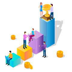 The Cup is a symbol of successful victory.People are engaged in career development.Isometric image of business success and desire to win.Big trophy and businessmen.