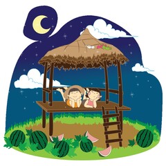 kids relaxing on farm shed at night