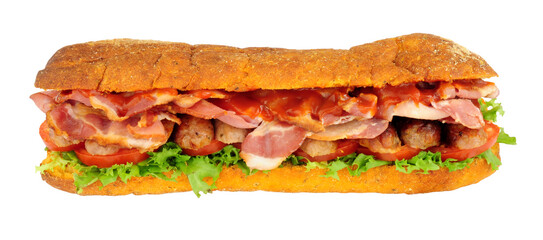 Sausage and bacon filled ciabatta bread sandwiches with salad and red tomato sauce isolated on a white background