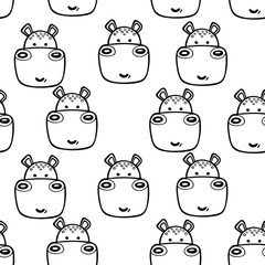 Pattern with cute animals. Black and white seamless illustration. Vector.