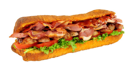 Sausage and bacon filled ciabatta bread sandwiches with salad and red tomato sauce isolated on a white background