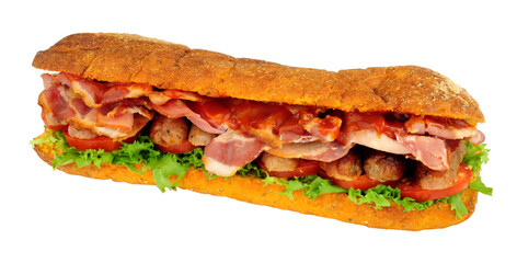 Sausage and bacon filled ciabatta bread sandwiches with salad and red tomato sauce isolated on a white background