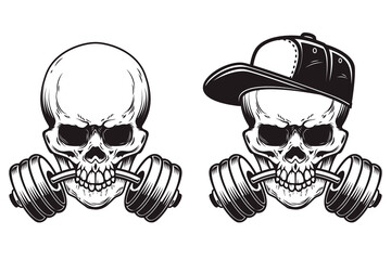 Illustration of skull with barbell in teeth in engraving style. Skull in baseball cap. Design element for logo, emblem, sign, poster, card, banner. Vector illustration