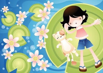 girl having nap with cat