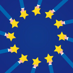 Vector hands in a circle holding stars, the symbol of the European Union