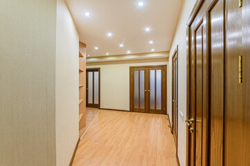 Russia, Moscow- February 10, 2020: interior room apartment modern bright cozy atmosphere. general cleaning, home decoration, preparation of house for sale. room doors, repair corridor