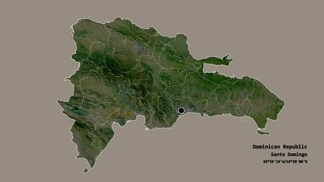 Duarte, province of Dominican Republic, with its capital, localized, outlined and zoomed with informative overlays on a satellite map in the Stereographic projection. Animation 3D