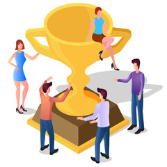 People celebrate the victory.Business people are happy with their success.People and the gold Cup.Getting an award for business success.The concept of successful teamwork.Isometric vector illustration