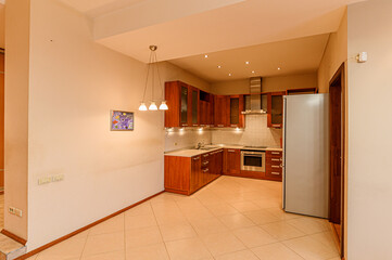 Russia, Moscow- February 10, 2020: interior room apartment modern bright cozy atmosphere. general cleaning, home decoration, preparation of house for sale. kitchen, dining area