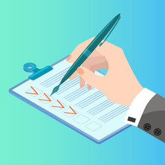 Hand writing in a notebook with a fountain pen.The businessman makes notes in the document.Isometric image of the workflow.Vector illustration.