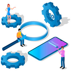 SEO promotion .Configuring search engines and developing a search algorithm.Development of an application for using SEO.An isometric image of people with a magnifying glass and a smartphone.