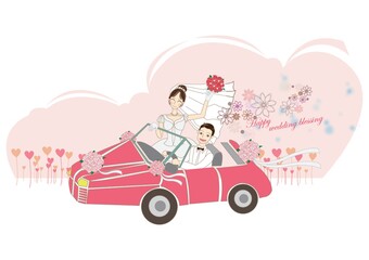 newlyweds in car