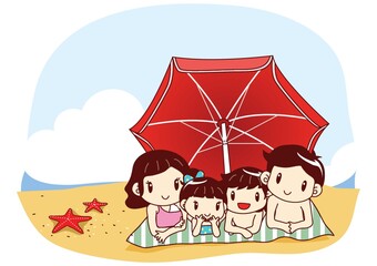 family sitting under umbrella at seaside