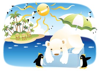polar bear under umbrella with penguins