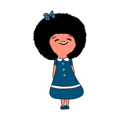 Vector portrait of a cute little girl with curly black hair, dressed in a blue dress and a bow on her hair. Happy child. Hand drawn illustration isolated on a white background. Positive baby character