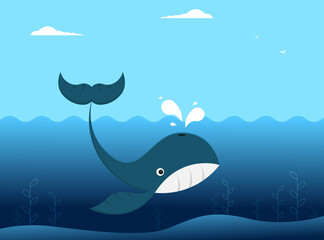 Flat vector whale swimming in the sea