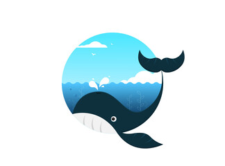 Flat vector whale swimming in the sea