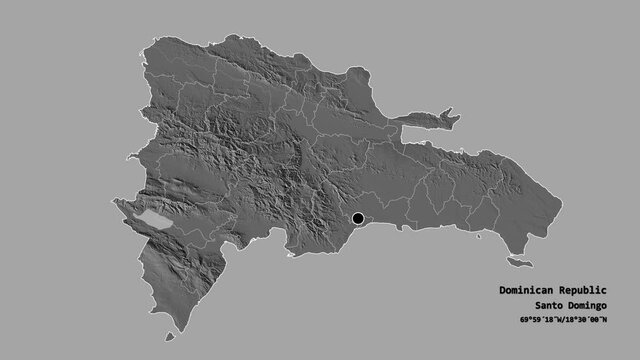 Espaillat, province of Dominican Republic, with its capital, localized, outlined and zoomed with informative overlays on a bilevel map in the Stereographic projection. Animation 3D