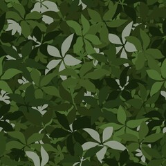 Seamless pattern camouflage texture. The green leaves lying on the ground