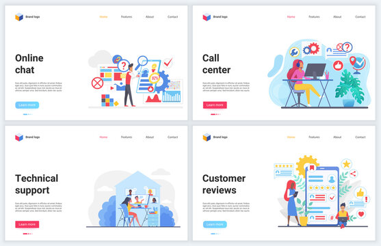 Customer support, help call center vector illustrations. Cartoon flat concept banners, interface website design with consultant hotline online chat, professional supporter answering helpdesk service