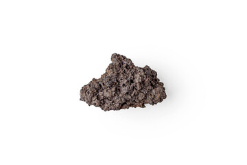 Fragment of volcanic lava stone or volcanic pumice with pores on a white background. Solidified...