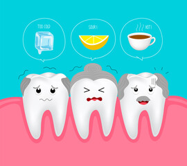 Cute cartoon sensitive senior teeth character. Ice, Sour lemon and hot drinks. Dental care concept.  Illustration on blue background.