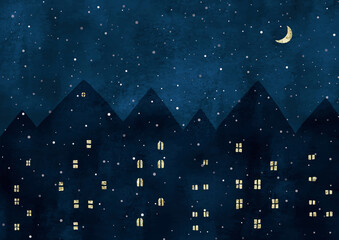 ヨーロッパの雪の夜景水彩 © まるまる