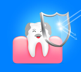 Healthy tooth and gum with shield. Anti-caries protection, dental care concept. Illustration on blue background.
