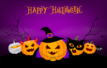 Funny cute cartoon pumpkin character. Witch, bat and mummy, devil and blaclk cat. Trick or treat, happy Halloween concept. Design for banner, poster, greeting card. Illustration.