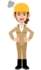 怒るヘルメットを被った作業着の女性
