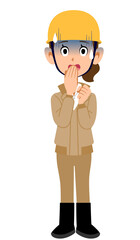 青ざめるヘルメットを被った作業着の女性
