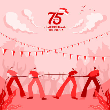Indonesia independence day greeting card with traditional games concept illustration. 75 tahun kemerdekaan indonesia translates to 75 years Indonesia independence day