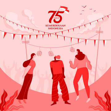 Indonesia independence day greeting card with traditional games concept illustration. 75 tahun kemerdekaan indonesia translates to 75 years Indonesia independence day
