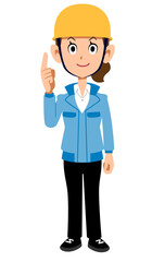 人差し指を立てるヘルメットを被った作業着の女性
