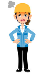 怒るヘルメットを被った作業着の女性
