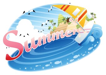 Obraz premium summer text with boy on a sailboat