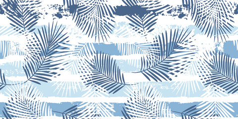 Tropical pattern, palm leaves seamless vector floral background. Exotic plant on blue stripes print illustration. Summer nature jungle print. Leaves of palm tree on paint lines. ink brush strokes