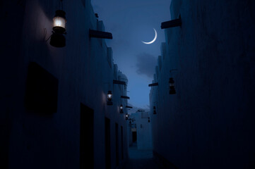 Beautiful view of crescent through a narrow passage of an old Islamic architecture. An Eid moon sighting image. © Telsa